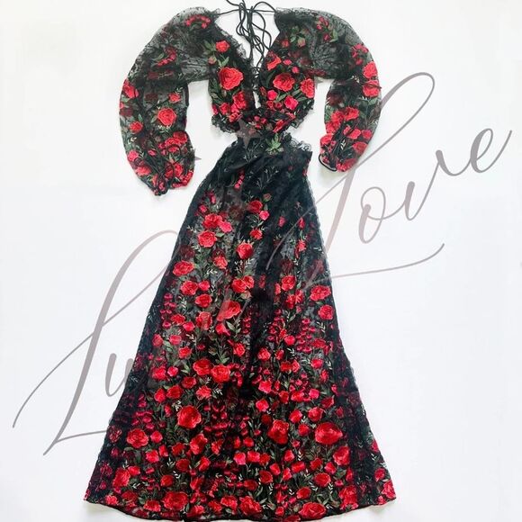FOR LOVE & LEMONS Araceli Maxi Dress In Red Embroidered Floral NWT - Picture 4 of 12